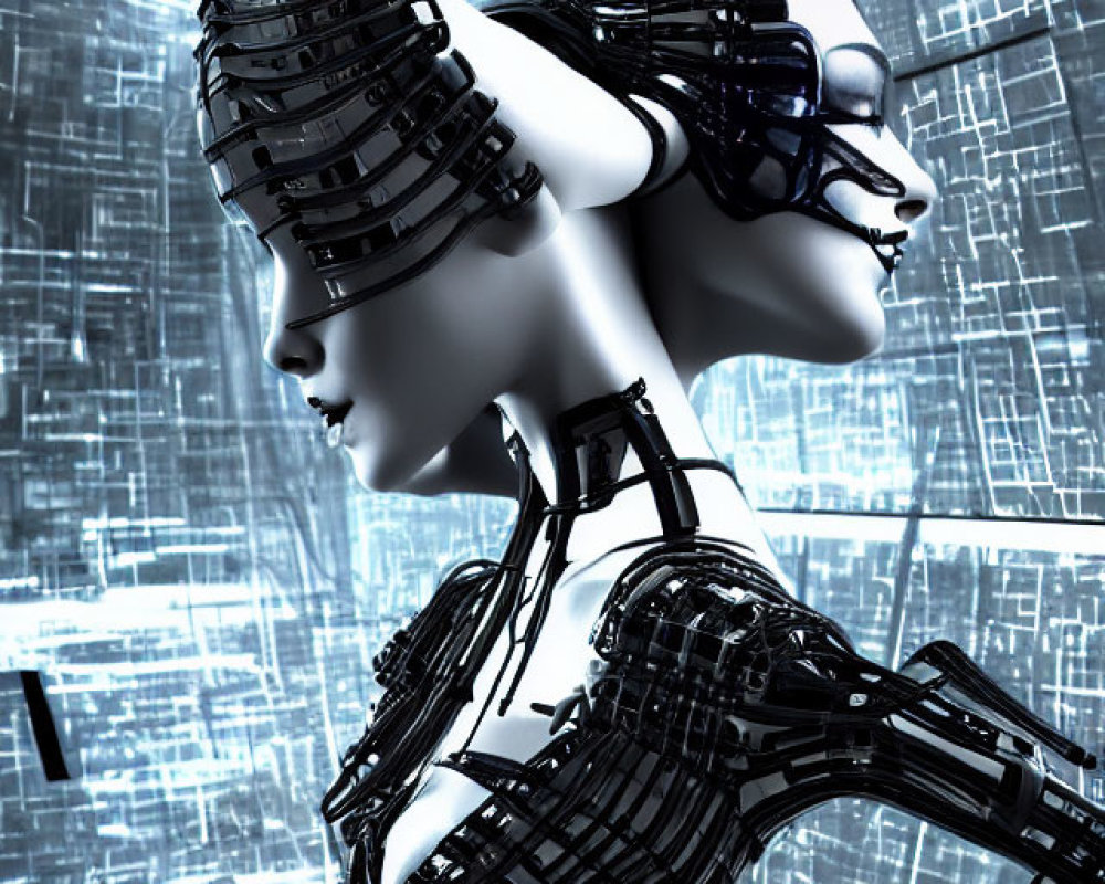 Futuristic Female Humanoid Robot in Black Armor on Digital Data Background