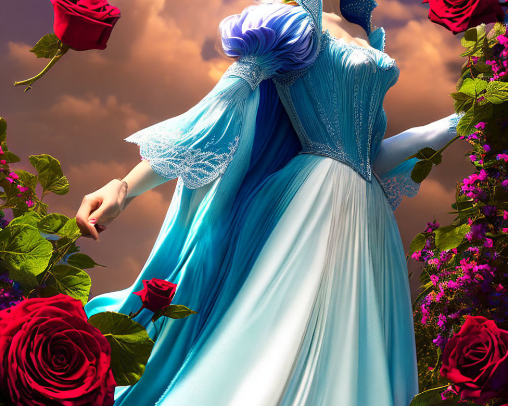 Woman in Blue Dress Surrounded by Rose Bushes and Cloudy Sky