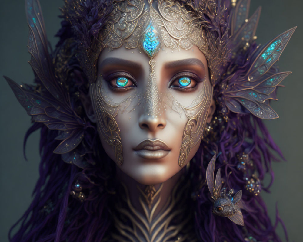 Fantasy digital portrait of female figure with blue eyes and ornate headgear