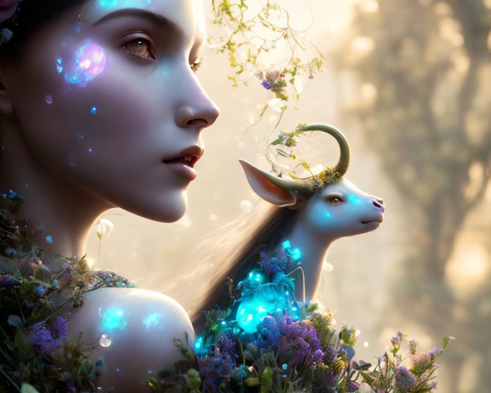 Fantastical portrait of woman with luminescent skin and ethereal deer in misty forest.