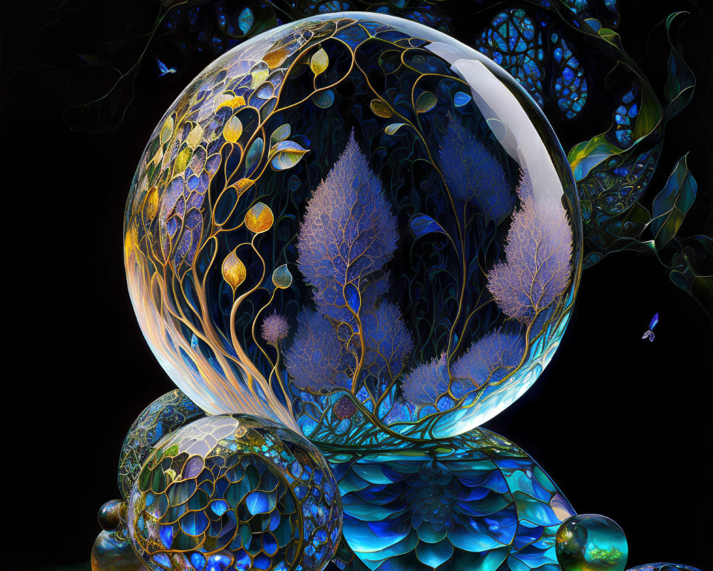 Colorful digital artwork: Transparent sphere with blue and gold patterns, surrounded by orbs and butterflies on dark