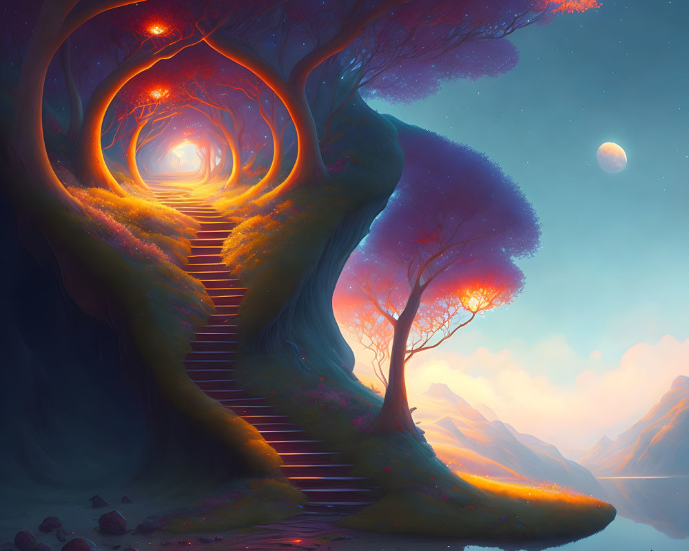 Glowing tree stairway in mountain landscape