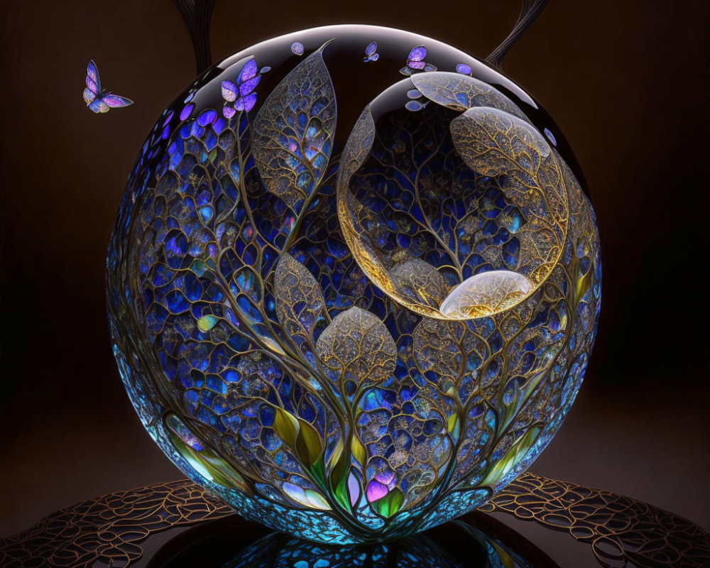 Intricate digital art: spherical object with lace patterns and butterflies on dark reflective background