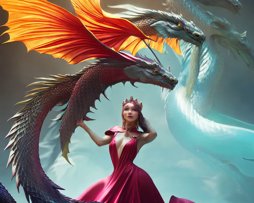 Woman in red dress with three-headed dragon under dramatic sky