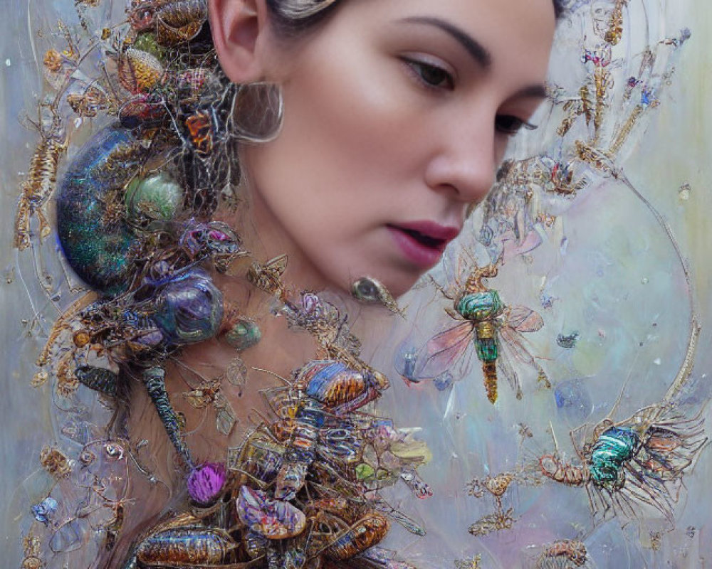 Woman adorned with marine-inspired jewelry in surreal setting