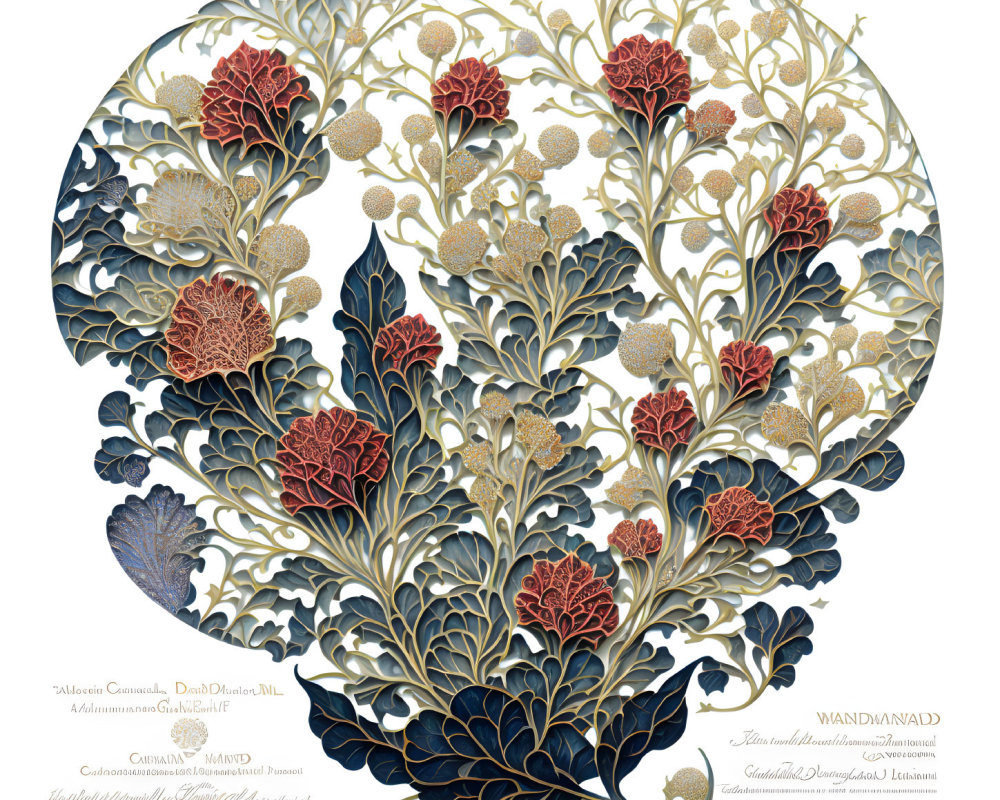 Detailed botanical art: Heart-shaped floral design with red flowers, gold accents, blue leaves on white.