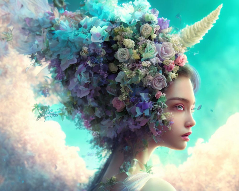 Surreal portrait of woman with floral headdress and unicorn horn in teal backdrop