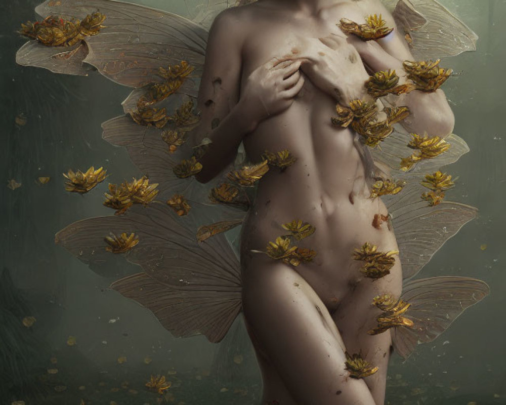 Fantasy image: Person with transparent wings and gold flowers in a petal-filled scene