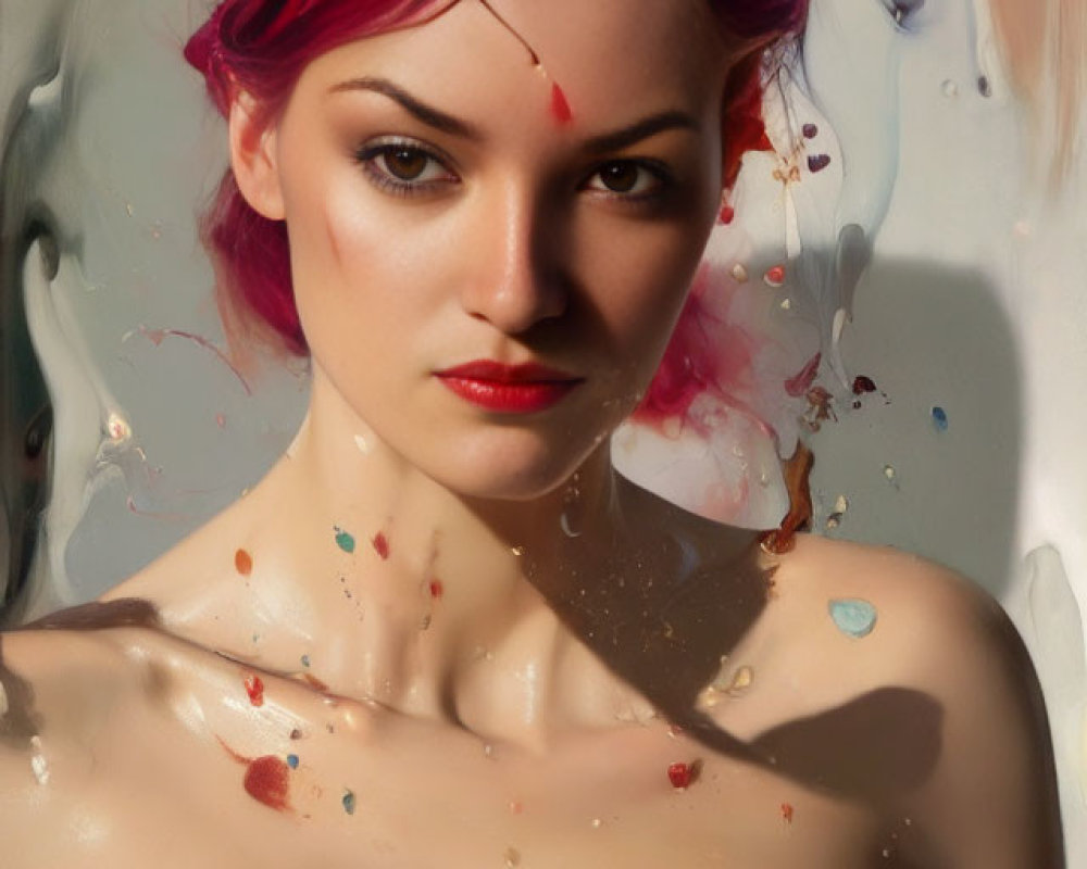 Red-haired woman with speckled paint effect: Artistic and ethereal portrait