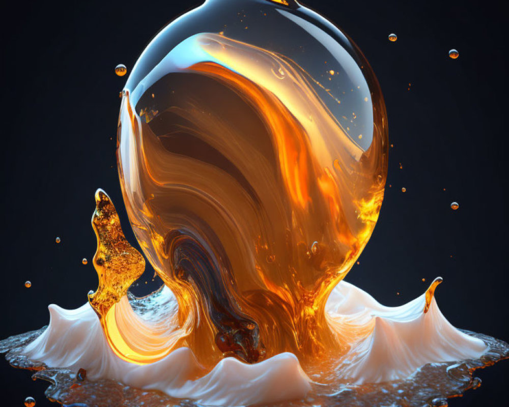 Golden liquid droplets in spherical splash on dark background