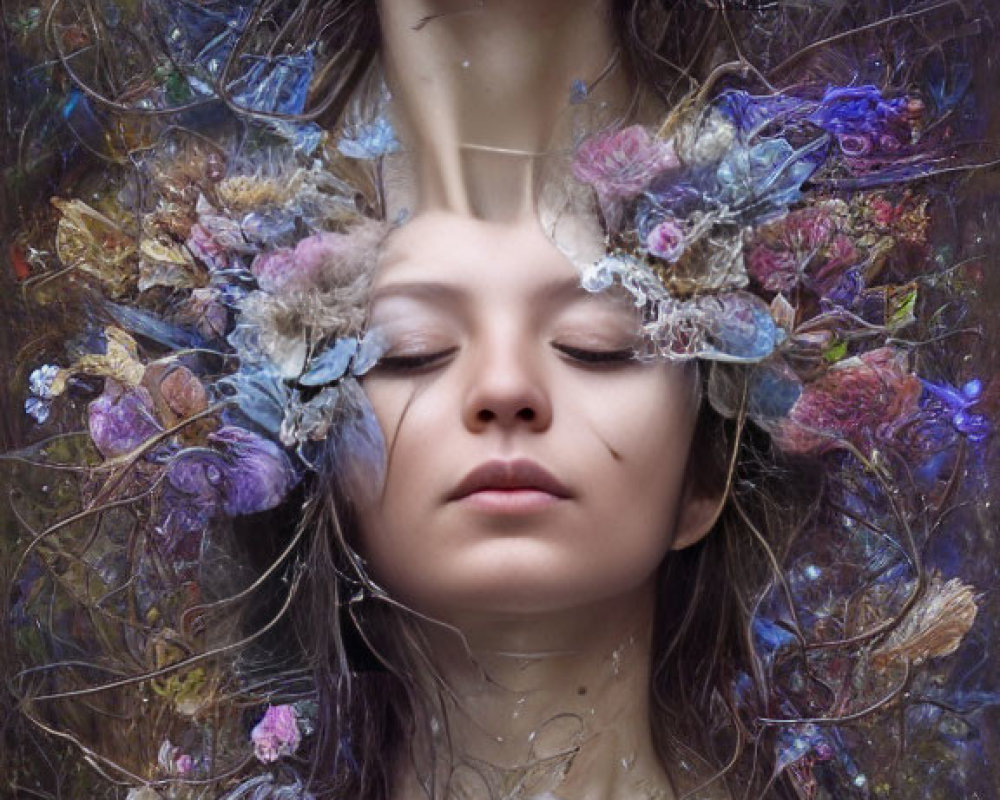 Dual portrait of woman with closed eyes adorned with luminous flowers and tendrils