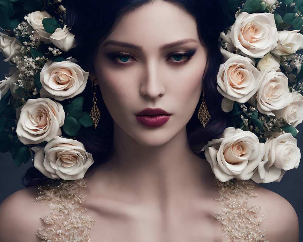 Woman with Floral Crown and Gold Accents, Elegant Look with Deep Red Lipstick