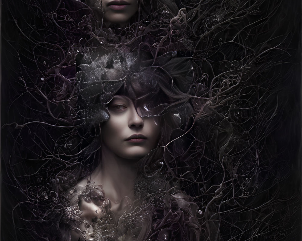 Ethereal women intertwined with dark floral patterns on black background