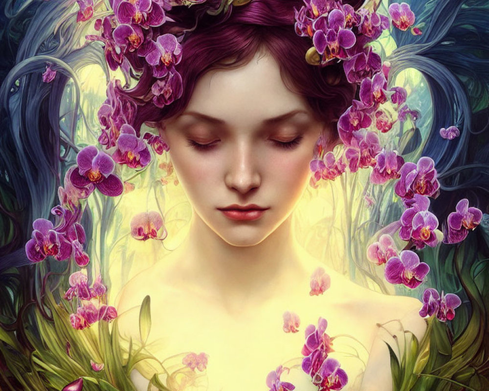 Woman with Purple Orchid Crown in Lush Green Setting