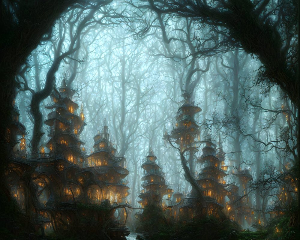 Enchanting forest with tiered treehouses, fog, and river