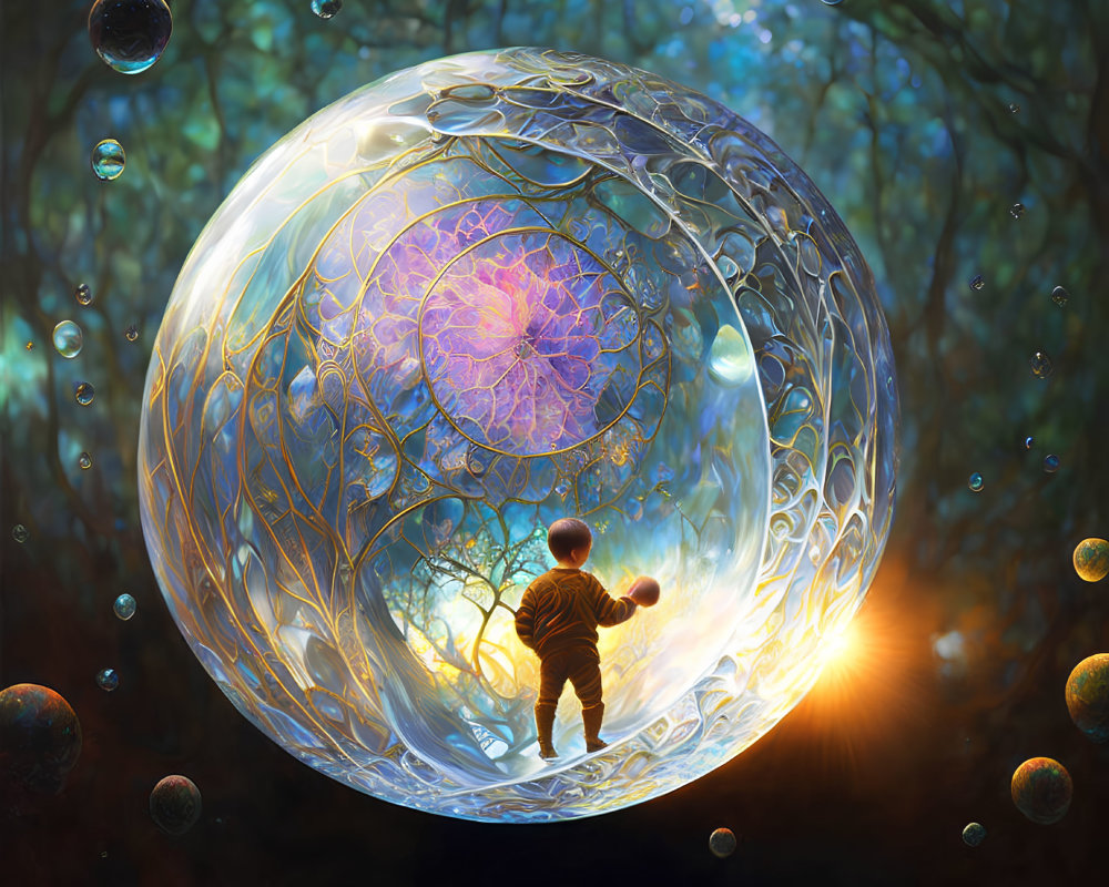 Child Reaching Out to Large Patterned Bubble in Dreamy Forest