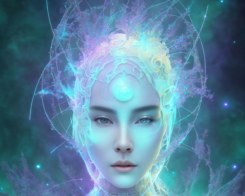 Digital portrait of a woman with glowing embellishments and intricate headpiece in celestial setting