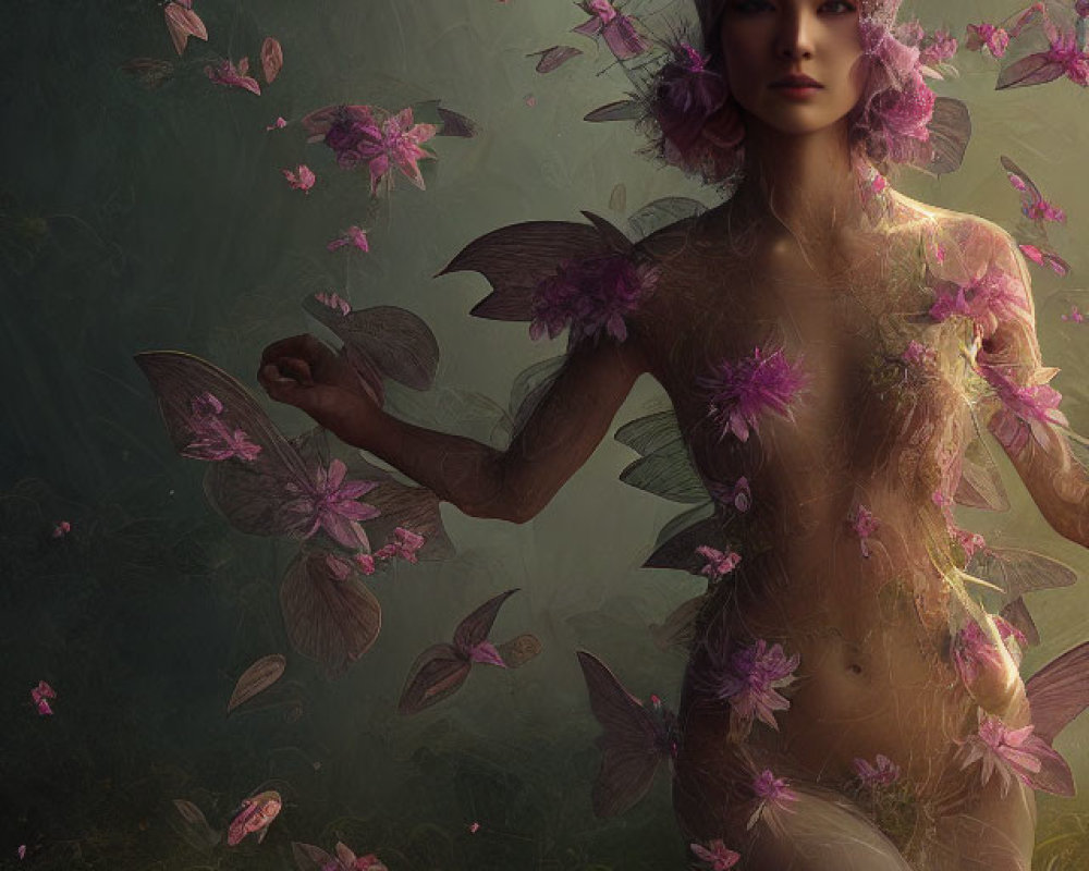 Mystical woman with purple flowers in shadowy floral backdrop