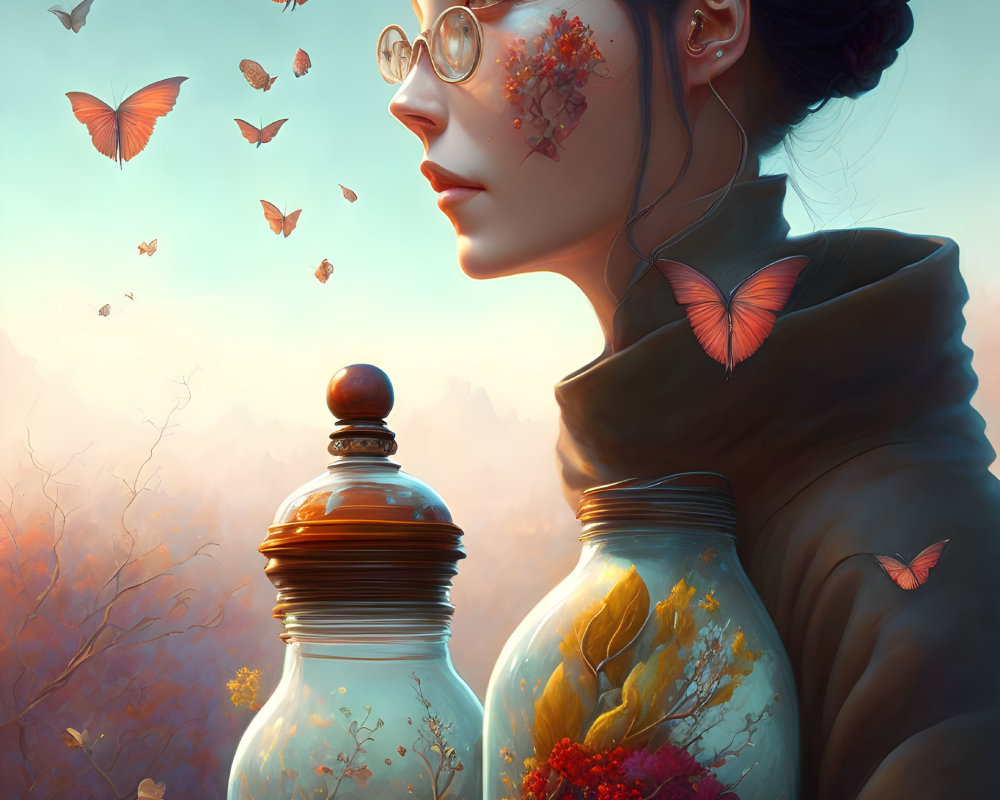 Woman with flowers in hair holding bottle, surrounded by fluttering butterflies in warm light