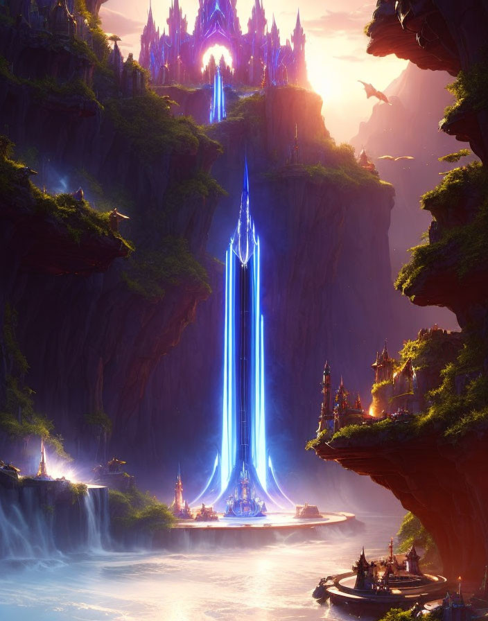 Fantastical landscape with glowing crystal tower and floating islands