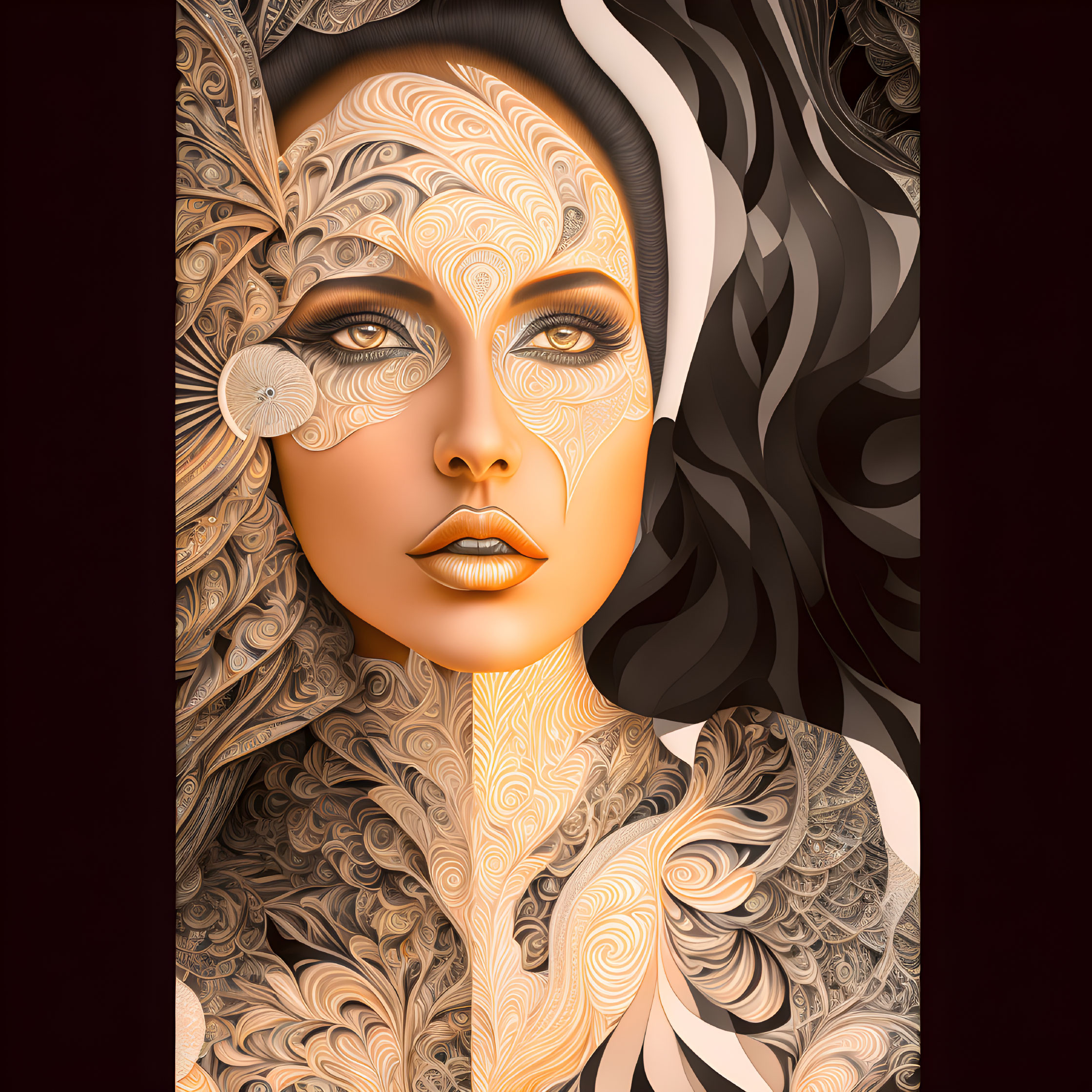 Detailed digital artwork of woman's face with intricate skin patterns and dandelion motif