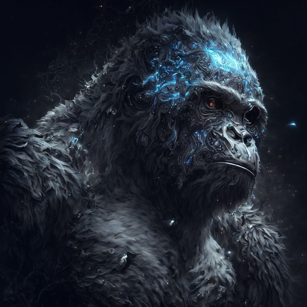 Detailed mystical gorilla digital art with glowing blue patterns on face and shoulders against starry night.