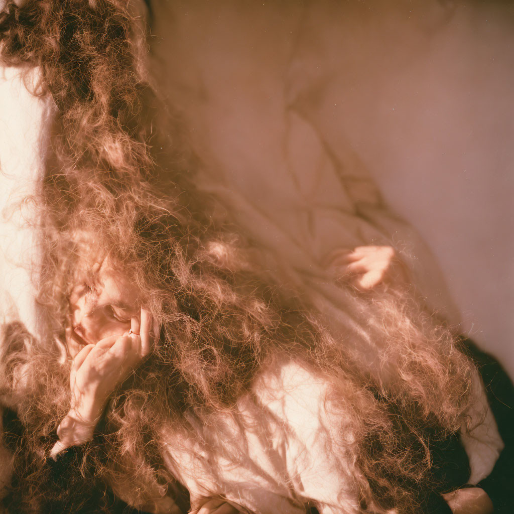 Ethereal portrait of person with voluminous, wild hair and light fabric.