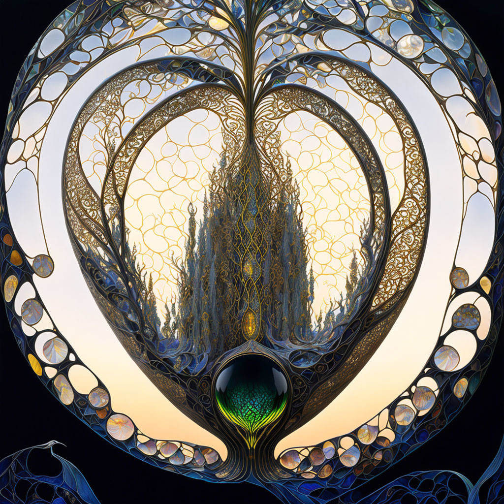 Detailed digital artwork: Ornate heart design with intricate patterns framing symmetrical tree on dark background