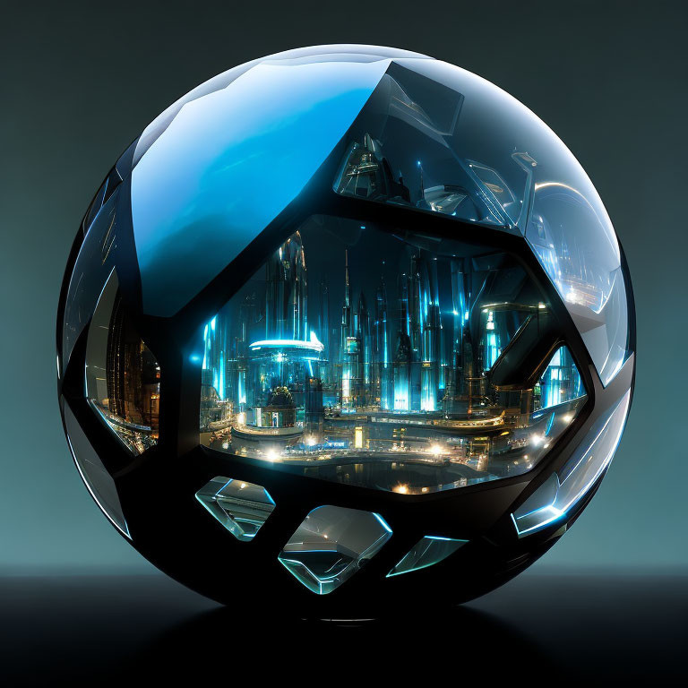 Reflective sphere with cityscape in facets on dark background