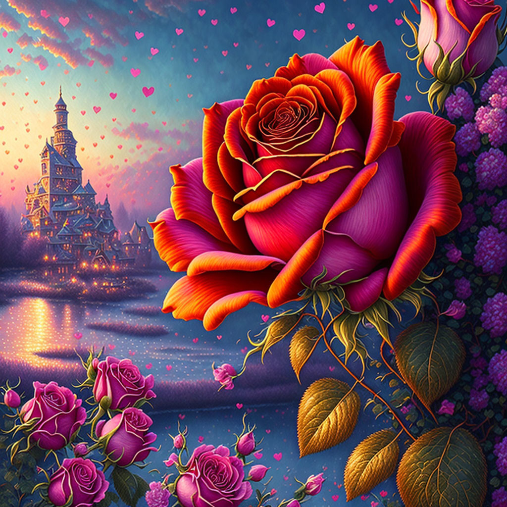 Colorful illustration of red rose with castle backdrop