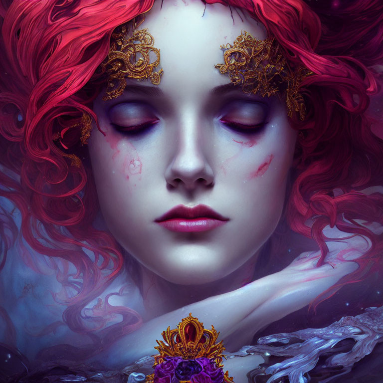 Vibrant red-haired woman with gold mask and crown on purple backdrop