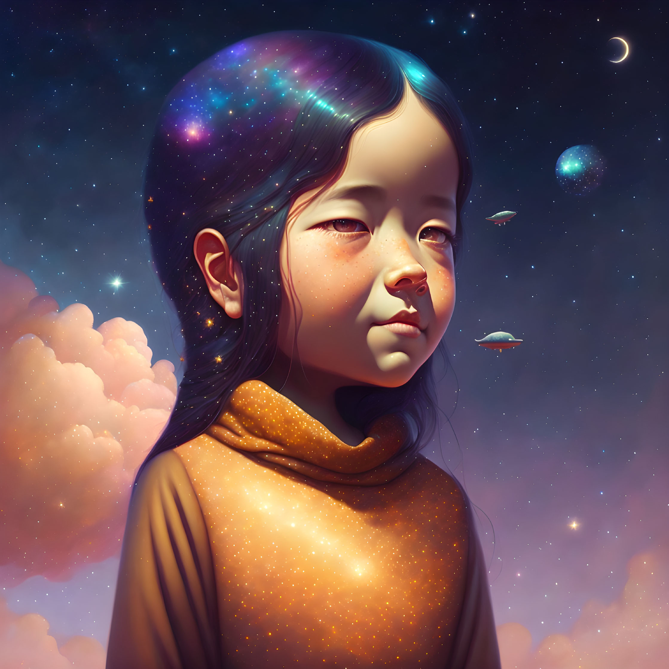 Child with starry hair in cosmic background with planets and moons