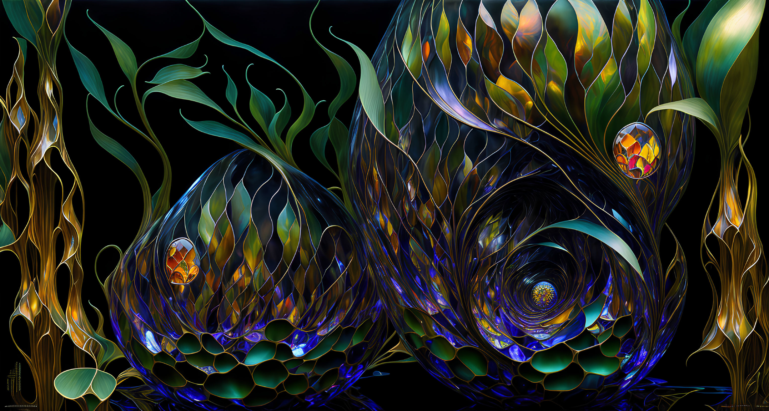 Vibrant abstract digital art with organic shapes and iridescent textures