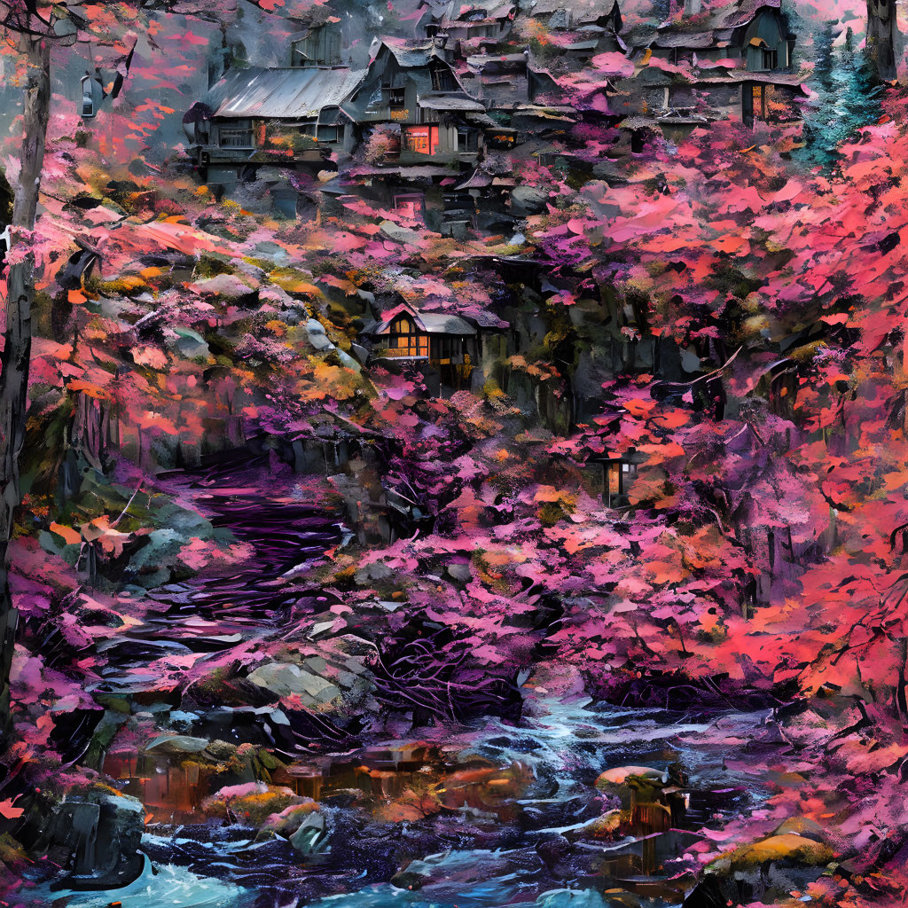 Colorful painting of whimsical forest scene with autumn trees and purple stream