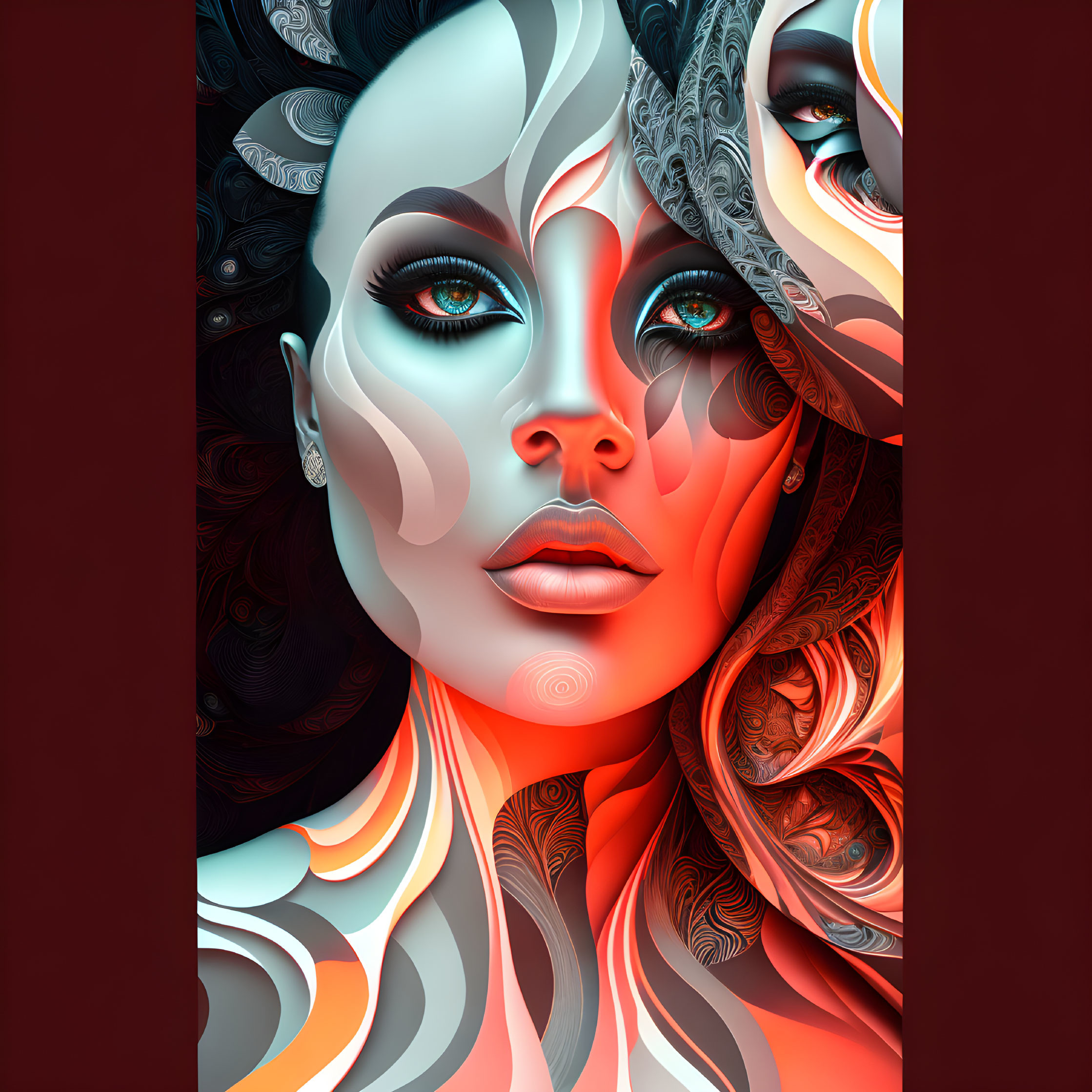 Surreal Woman Portrait with Red and Gray Swirling Designs