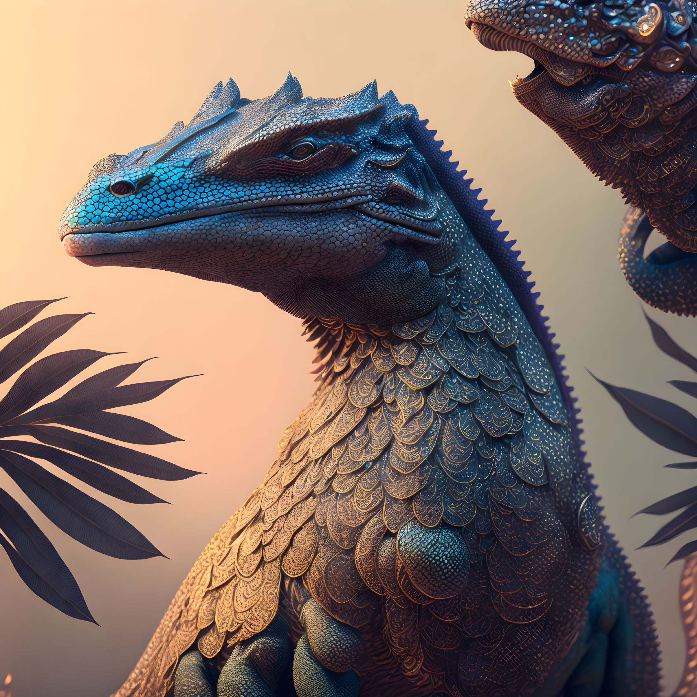 Detailed CGI image of majestic blue dragon with intricate scales and piercing eyes against warm backdrop.