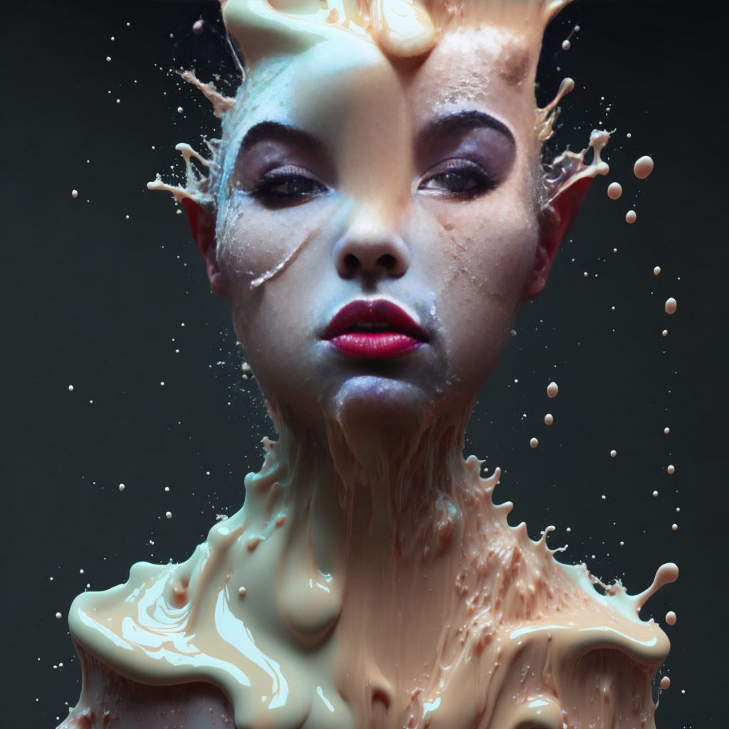 Person with Creamy Liquid Splashes: Dynamic Close-Up Transformation