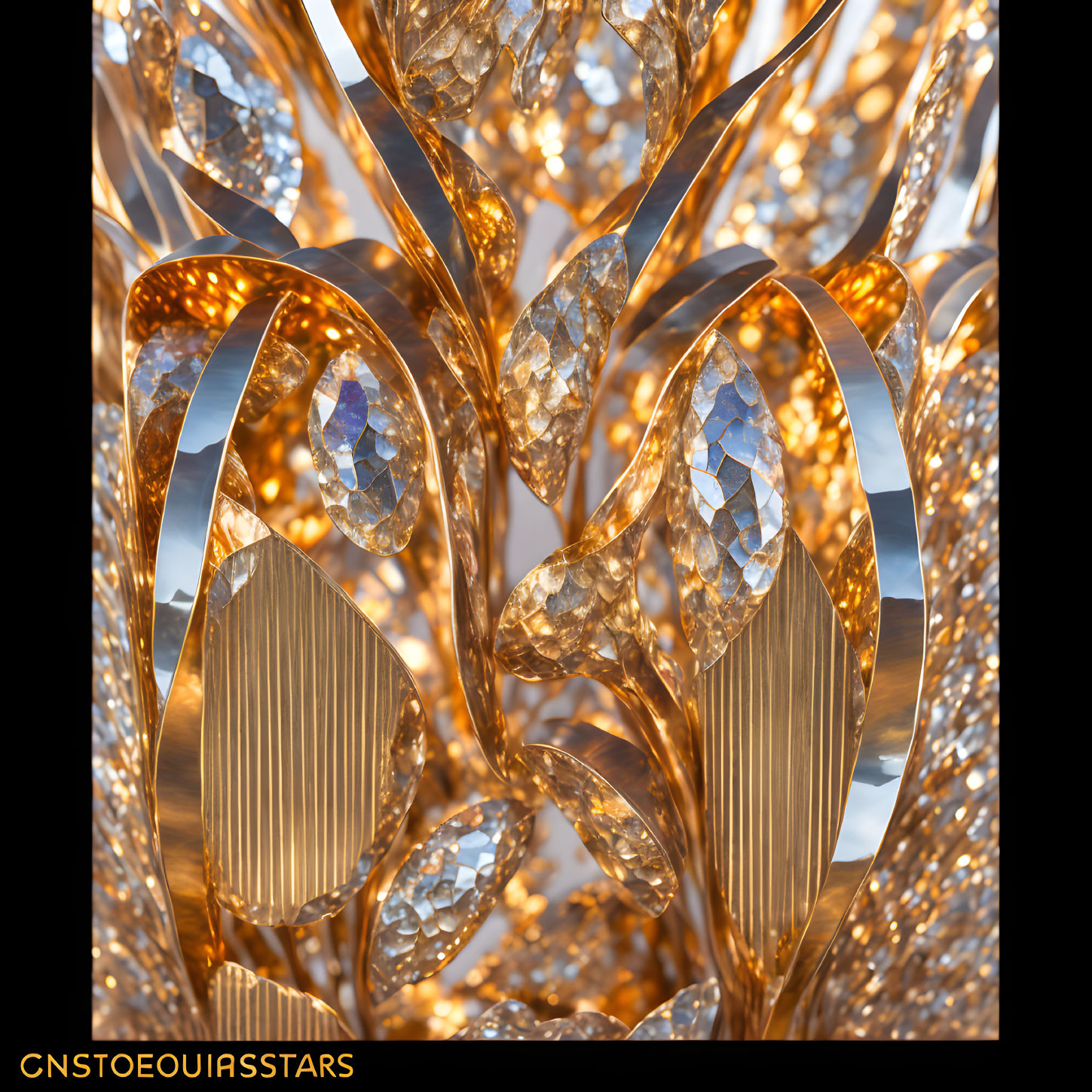 Golden Chandelier with Leaf-like Patterns and Crystals