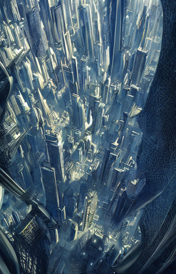 Detailed futuristic cityscape with towering skyscrapers and complex architecture in blue tones