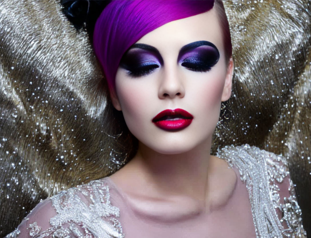 Glamorous woman with purple hair, bold makeup, and shimmering attire