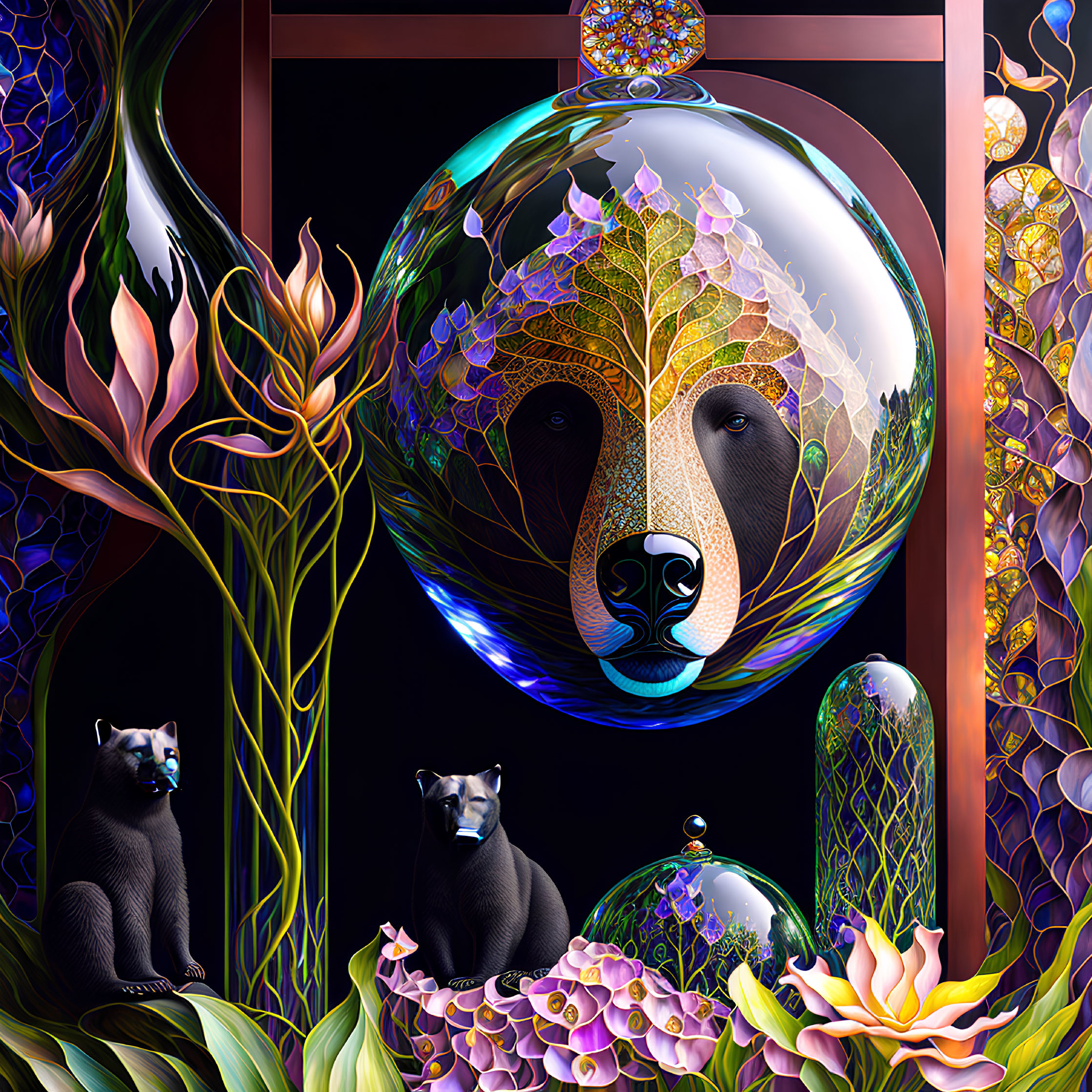 Digital artwork: Transparent orb with leaf-patterned bear face, flanked by panthers, flowers,