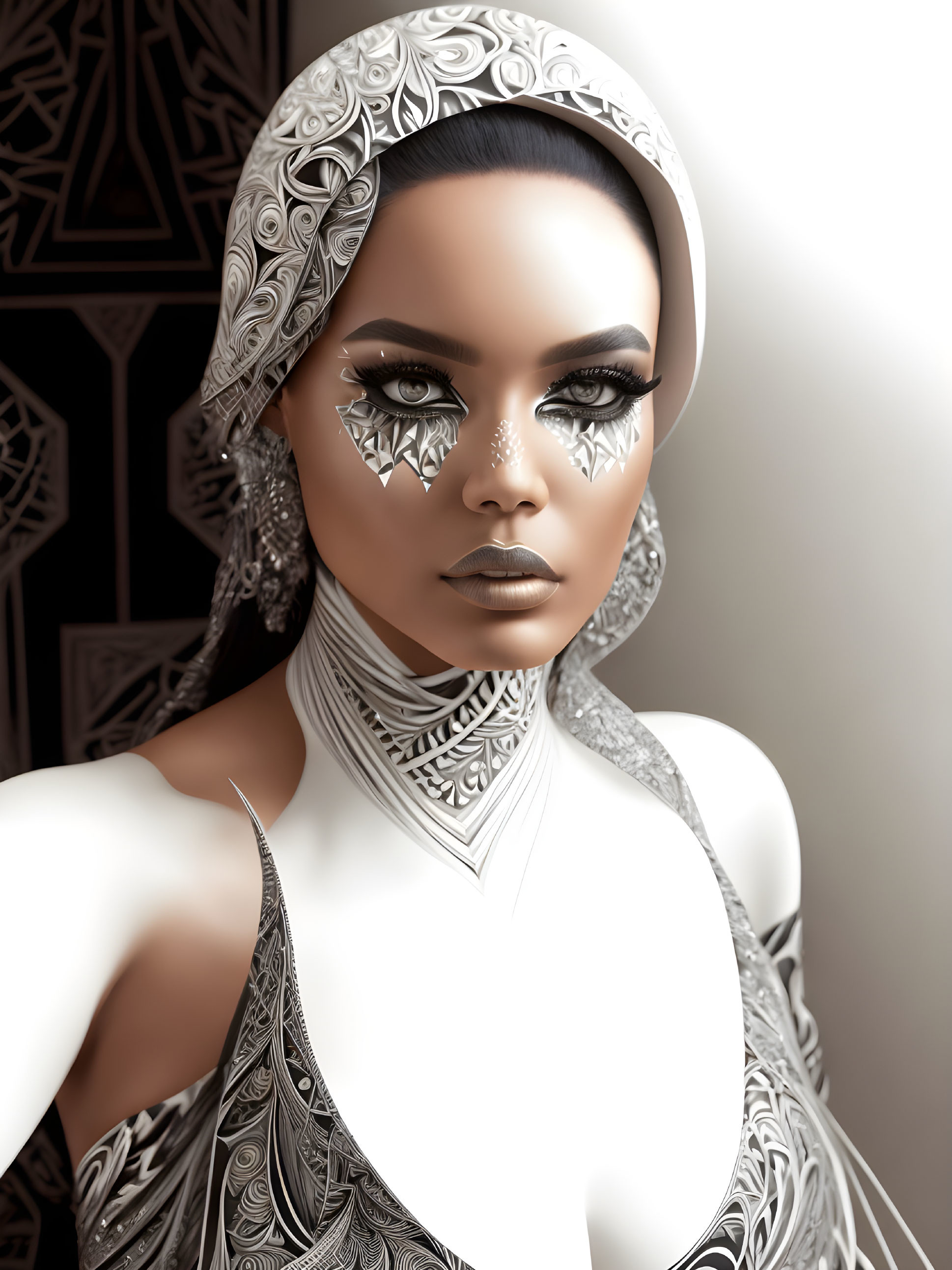 Digital artwork: Woman with silver patterns, headscarf, ornate makeup on geometric background