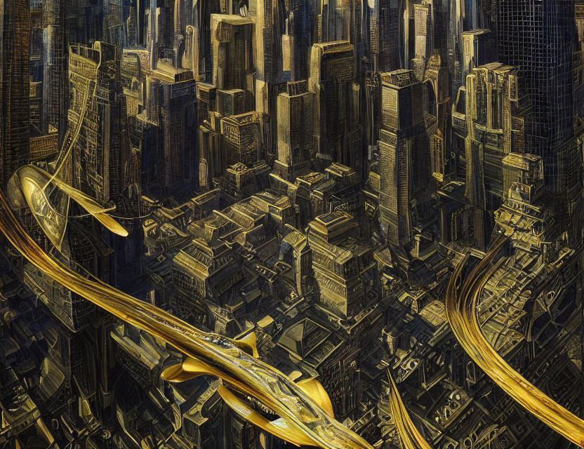 Dense futuristic cityscape with towering skyscrapers and golden pathways