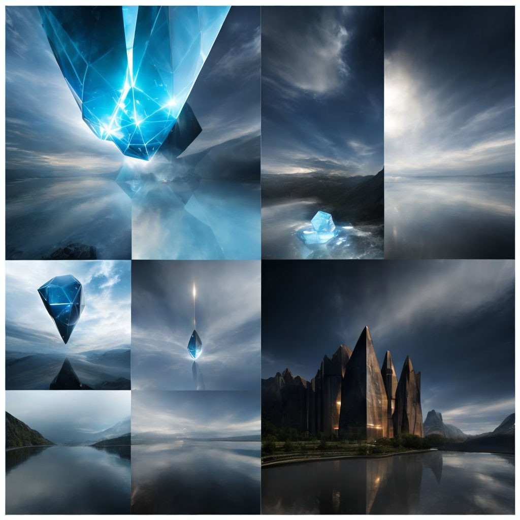 Surreal landscapes with glowing blue crystals in dynamic skies