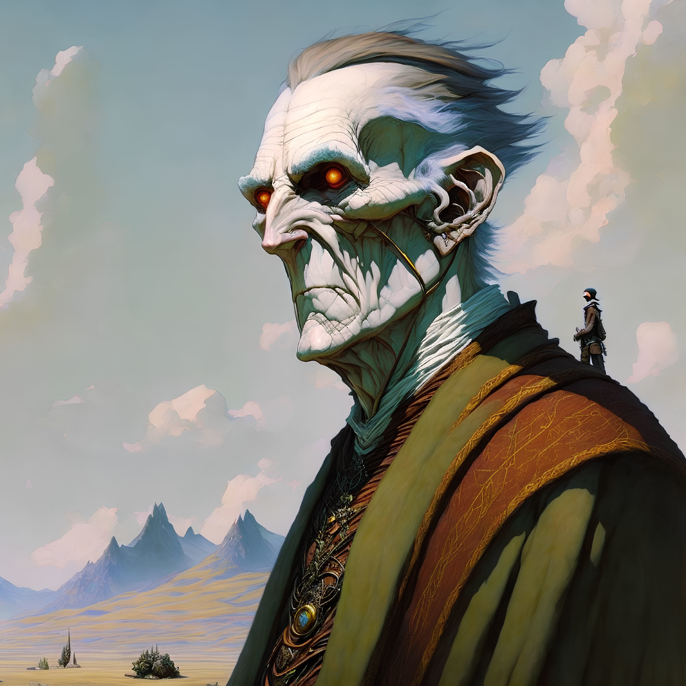 Elderly humanoid with glowing red eyes and smaller figure in vast plains landscape