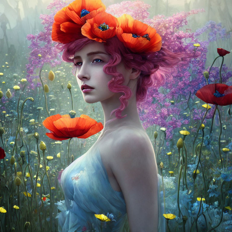 Pink-haired woman surrounded by poppies in a dreamy floral field