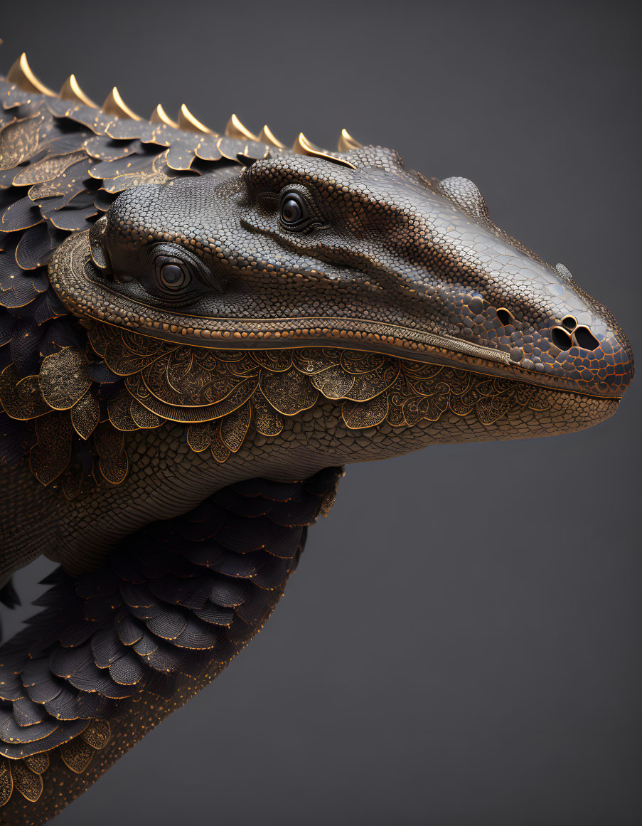 Detailed artistic rendition of crocodile-headed creature with ornate gold armor.