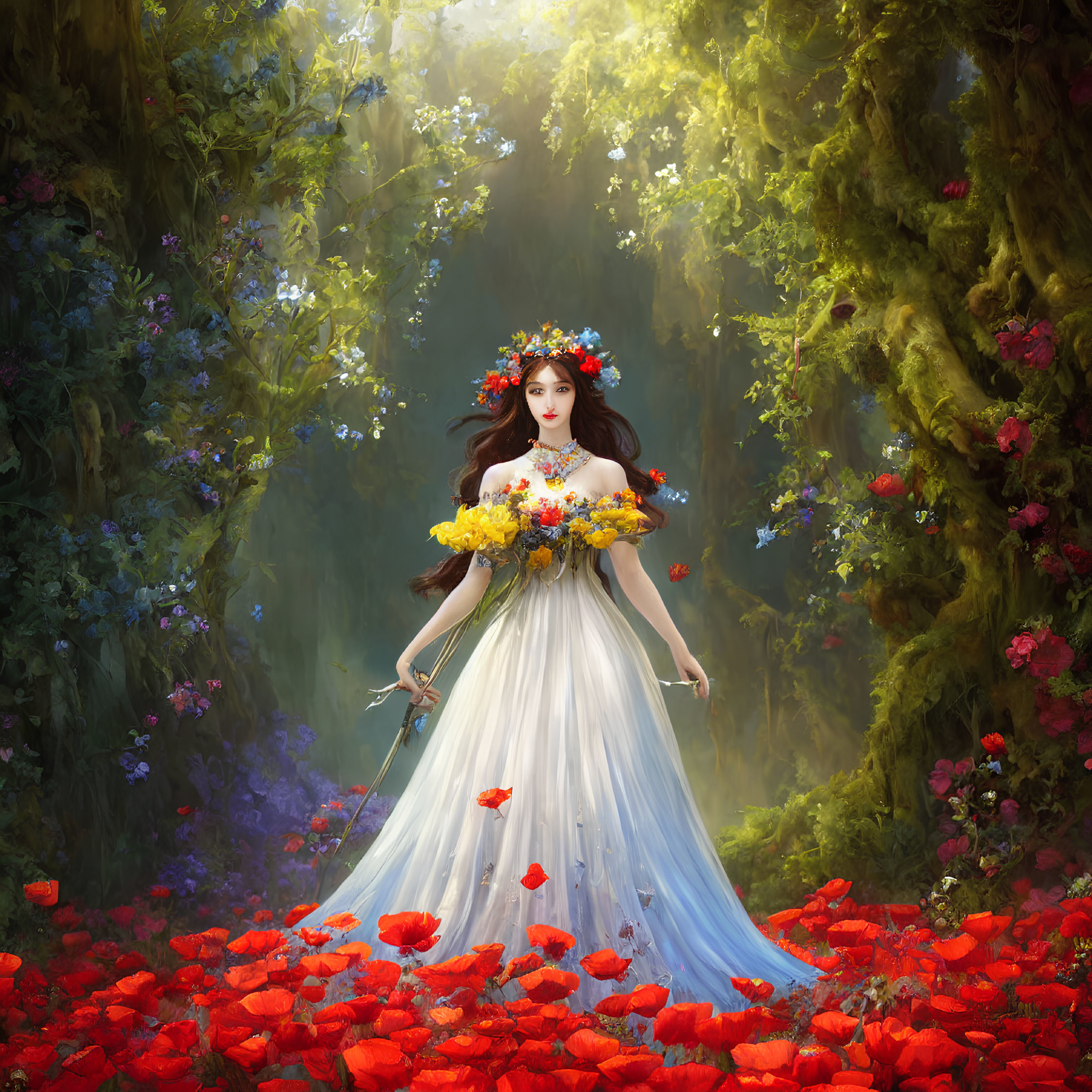 Woman in white dress with flowers in magical forest setting