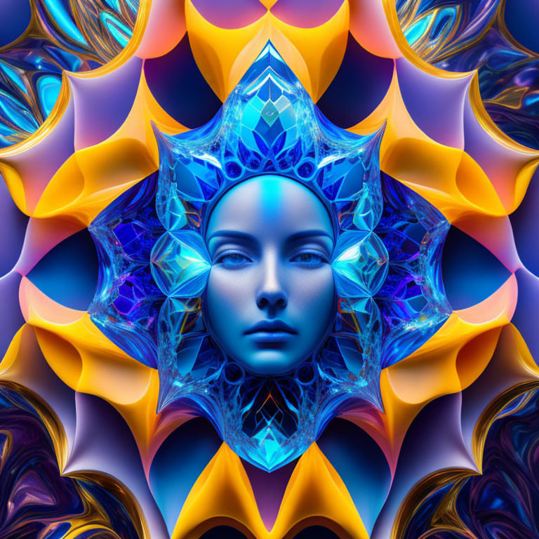 Symmetrical fractal-like digital artwork in vibrant blues and oranges