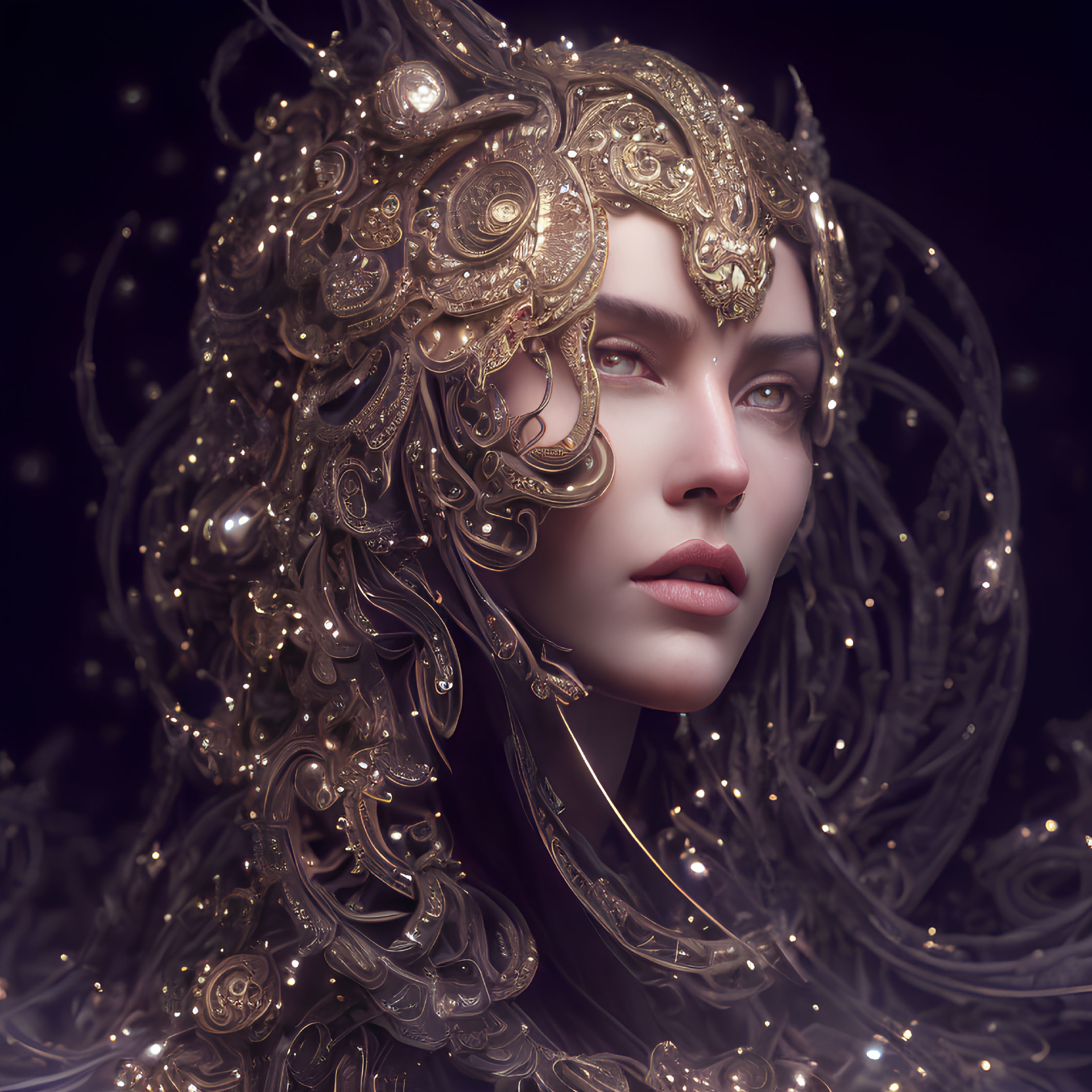 Pale-skinned woman in gold headpiece on dark background with glowing particles